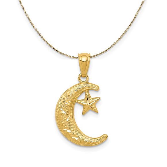 14k Yellow Gold Crescent Moon and Stars (22mm) Necklace - 16 Inch - Picture 1 of 6